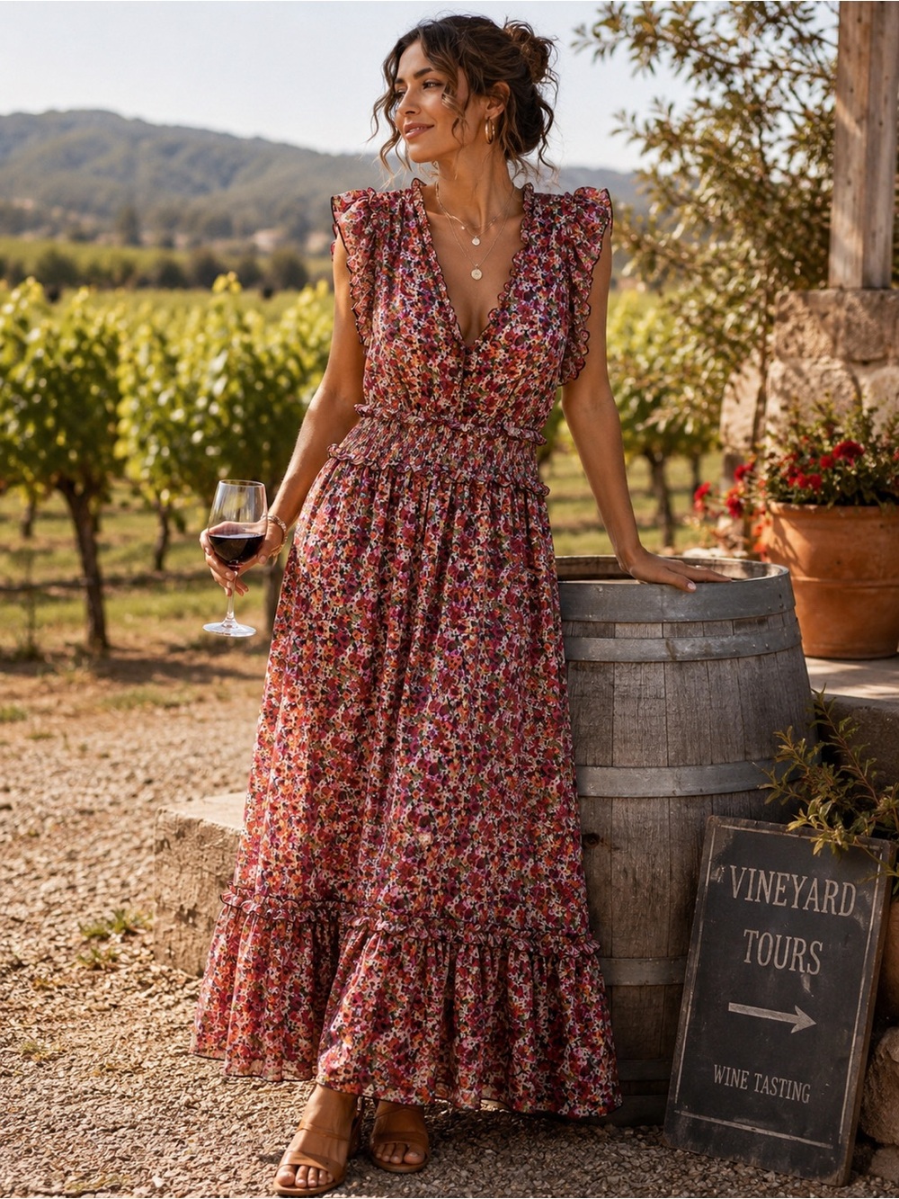 BCBGeneration Burgundy Floral Ruffle Maxi Dress